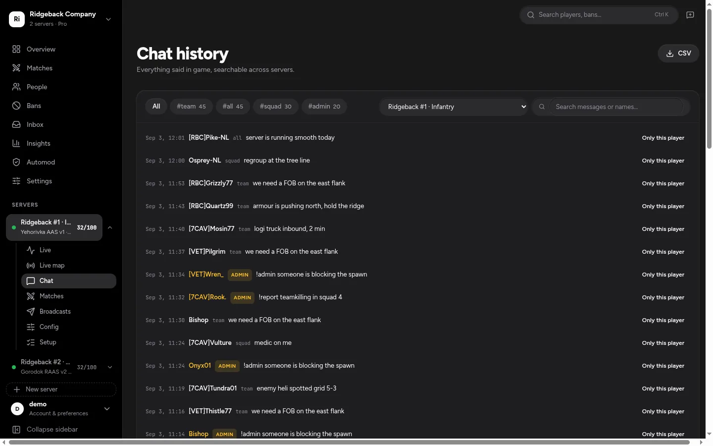 Chatkeresés egy játékosra szűrve